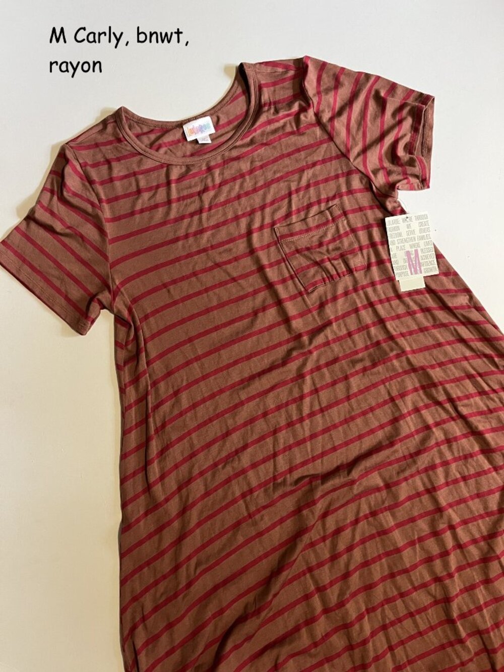 Medium Lularoe Carly a-line, hi-low dress, tan with raspberry stripes